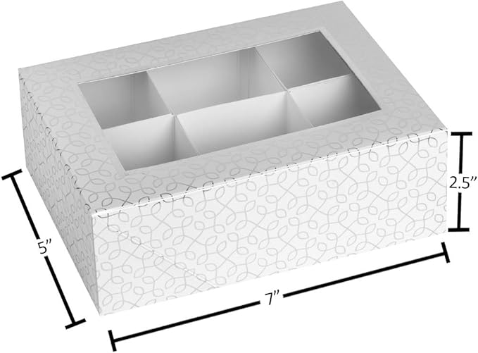 Hammont Window Box with Six Sections - 6 Pack - 7”x5”x2.5” - Silver Colored Versatile Bakery Boxes Perfect for sharing Snacks and Cookies | 6 Insert Sections Gift Boxes