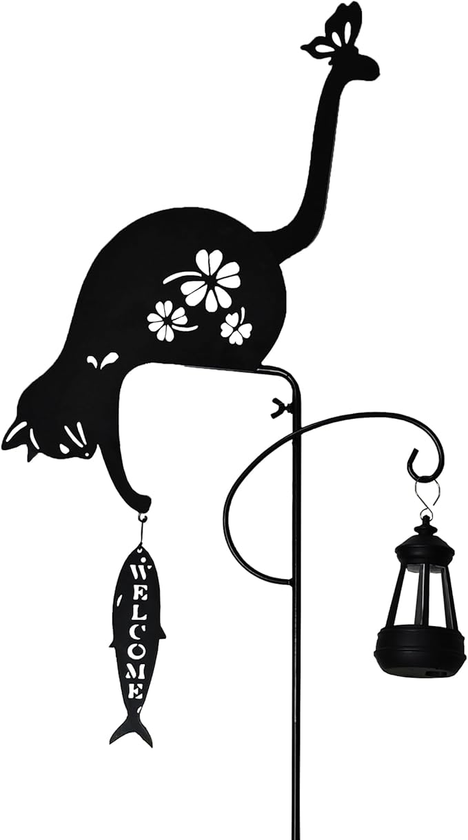 Solar-Powered Black Cat&Fish Garden Decor Stakes - Metal Silhouette Figurine for Outdoor Yard, Lawn, and Patio Decoration(Cat&Fish)