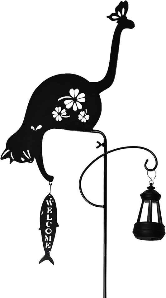 Solar-Powered Black Cat&Fish Garden Decor Stakes - Metal Silhouette Figurine for Outdoor Yard, Lawn, and Patio Decoration(Cat&Fish)