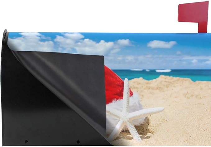 ALAZA Christmas Santa Hat on The Beach with Starfish Magnetic Mailbox Cover New Year Standard Size for Garden Yard Outdoor Decorations-18 x 20.8"