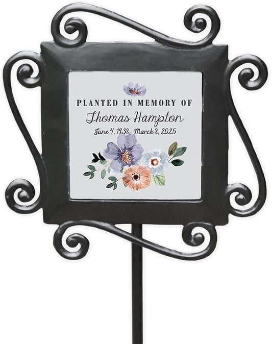 Personalized Floral Memorial Garden Stake with Watercolor Flowers