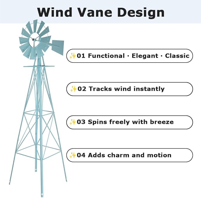 8FT Windmill for Yard Garden Decoration with Weather Vanes，Heavy Duty Outdoor Wind Mills, Large Metal Outdoor Windmill,Weather Resistant,Blue