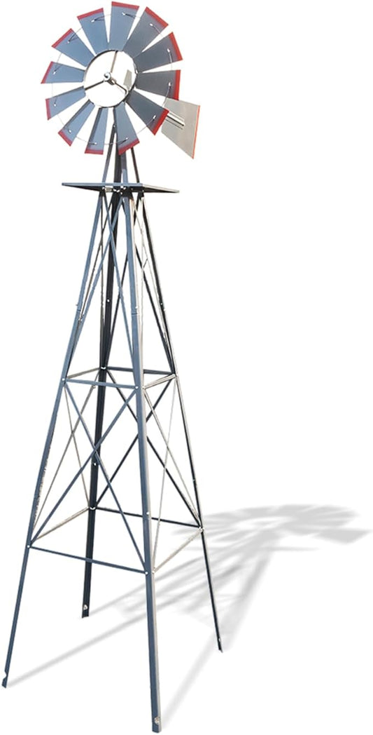 Outvita 8FT Ornamental Windmill, Heavy Duty Durable Metal Weather Vane Garden Decoration Weather Resistant for Garden, Yard, Farm, Seaside (8ft-Gray)