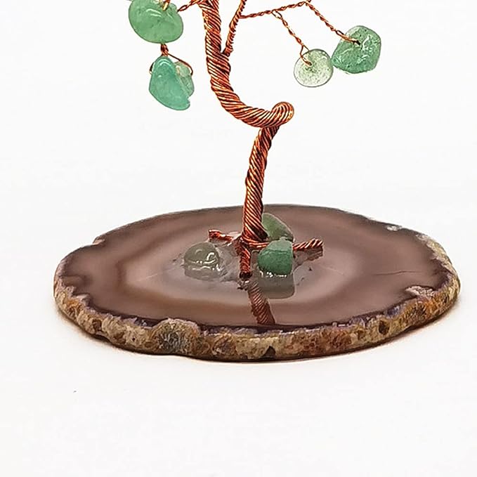 Quartz Crystal Feng Shui Money Tree Natural Agate Flakes Geode Base Bonsai Style Decoration for Luck and Wealth 3.6"- 4.6"(Green)