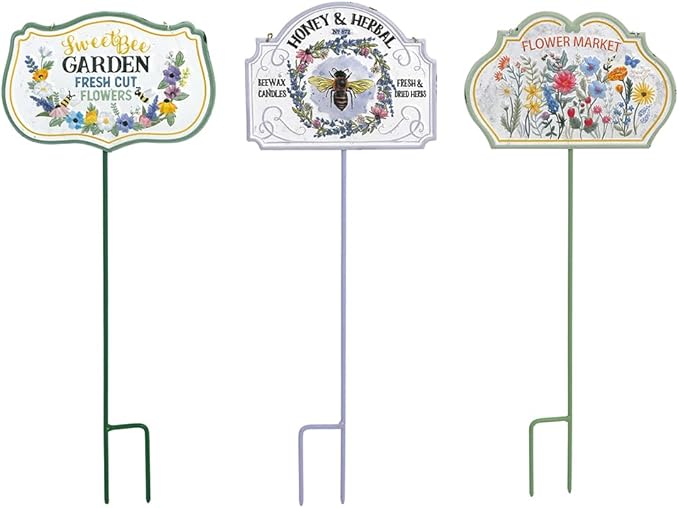 All Chic 3 Pack Metal Bee Garden Stake Decor Embossed Bee Hanging Sign Garden Art Yard Stakes for Decorations Lawn Ornaments Decor(Includes Hanging Chain and Stakes)