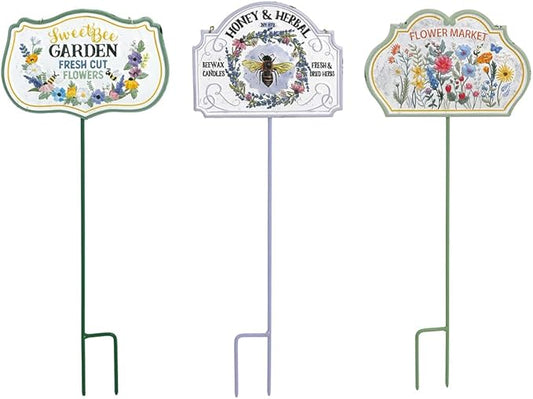 All Chic 3 Pack Metal Bee Garden Stake Decor Embossed Bee Hanging Sign Garden Art Yard Stakes for Decorations Lawn Ornaments Decor(Includes Hanging Chain and Stakes)