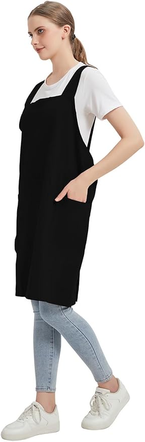 Cotton Linen Apron Cross Back Baking Cooking Gardening Apron for Women with Pockets Pinafore Dress