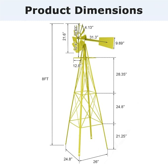 8FT Windmill for Yard Garden Decoration with Weather Vanes，Heavy Duty Outdoor Wind Mills, Large Metal Outdoor Windmill,Weather Resistant,Yellow