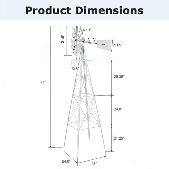 8FT Windmill for Yard Garden Decoration with Weather Vanes，Heavy Duty Outdoor Wind Mills, Large Metal Outdoor Windmill,Weather Resistant,White