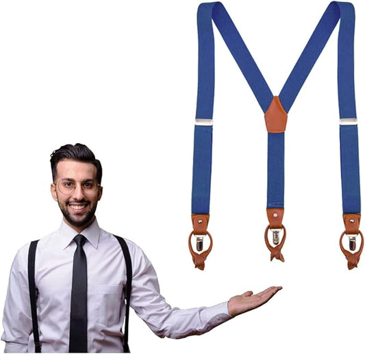 UPSONG Mens Suspenders，Brown Leather Button Tab and Clip Braces Heavy Duty Suspender Wedding Suspenders for Groom Groomsmen