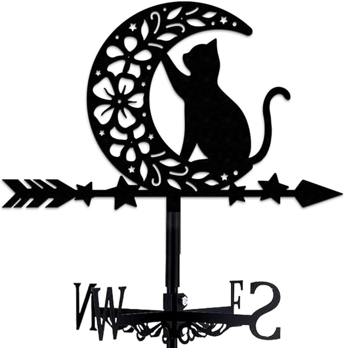 Moon Cat Weathervane Metal Wind Vane Flower Star Garden Decoration Direction Indicator Stake Mount Ornament for Farmhouse Yard Roof Outdoor