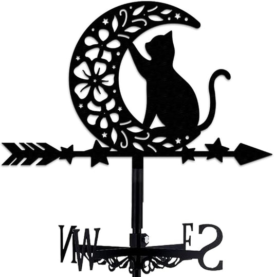 Moon Cat Weathervane Metal Wind Vane Flower Star Garden Decoration Direction Indicator Stake Mount Ornament for Farmhouse Yard Roof Outdoor