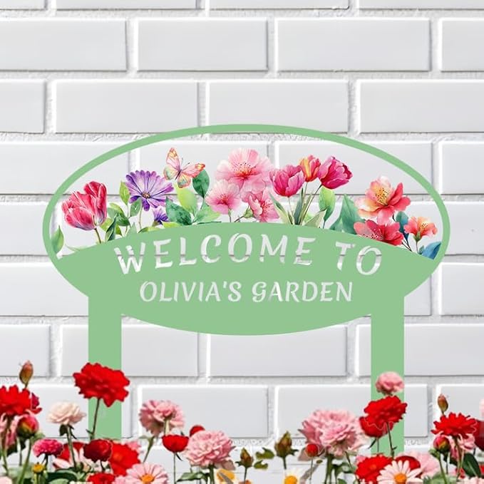 Personalized Butterfly and Flowers Garden Stake,Custom Colorful Flowers Metal Garden Sign,Outdoor Lawn Yard Patio Metal Plaque,Customized Butterfly Gardening Gift style 1