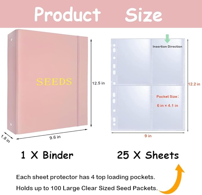 Seed Storage Organizer Binder, 3 Ring Seed Packet Organizer with 100 Clear Pockets(25 Pack Sheet Sleeves), Garden Seed Holder Book for Seed Envelopes Card, Plant Seed Saver, Flower Seed Keeper(A4)