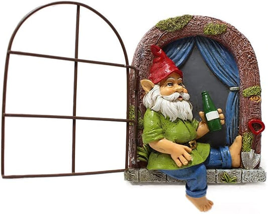 Garden Gnome Window Statue for Trees and Wall, Drinking Dwarf Fairy Garden Miniature Accessories, Patio Art Sculpture