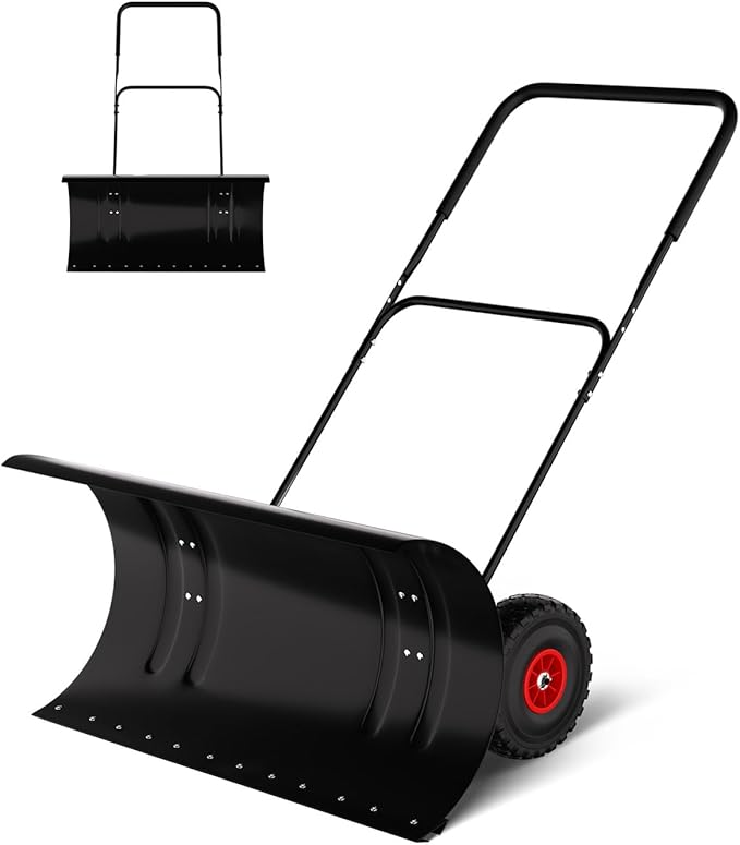 Snow Pusher with Wheels for Driveway, 29.5" Wide Heavy Duty Steel Blade, 2-Position Height Adjustment & 60° Tilt Handle, Ergonomic Push Snow Shovel with Ground Protection for Effortless Snow Removal