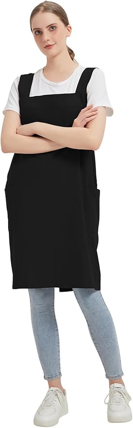 Cotton Linen Apron Cross Back Baking Cooking Gardening Apron for Women with Pockets Pinafore Dress