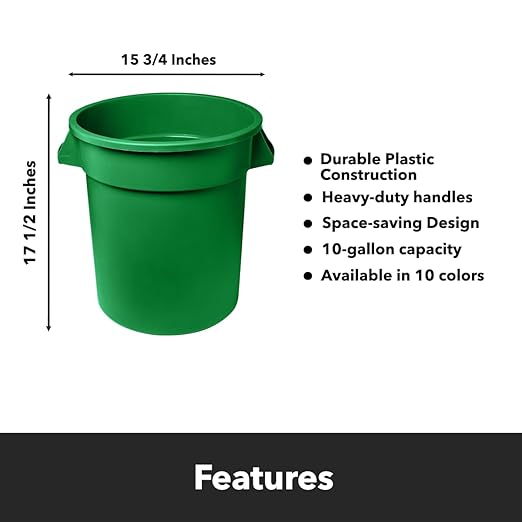 Feed and Seed Storage Container, 10 Gallon Green Round Commercial Trash Can/Ingredient Bin, Food Storage Plastic Bin, Use in Agricultural, Gardening, or Household