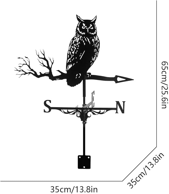 3D Animal Metal Weather Vane, Wind Direction Indicator, Garden Patio Roof Decoration (Owl)