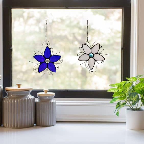 Forget-me-not Stained Glass Window Hangings, Forget Me Not Flower Suncatcher for Window,Stained Glass Flowers, Birthday Gifts for Women and Flower Lovers (Blue)