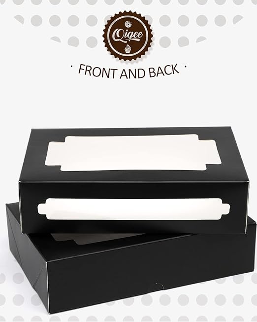 qiqee 50Packs Auto-pop Black Cookie Boxes for Gift Giving 8x5.3x2 inch Black One Second Fold Bakery Box with Window Treat Box for Donuts Candies and Biscuit