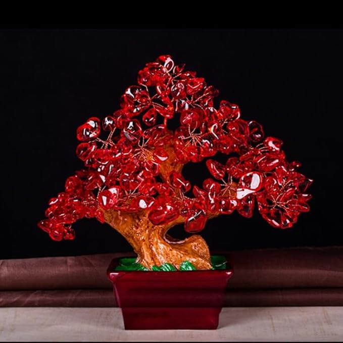 Feng Shui Quartz Crystal Money Tree Bonsai Style Decoration for Luck and Wealth (Red)