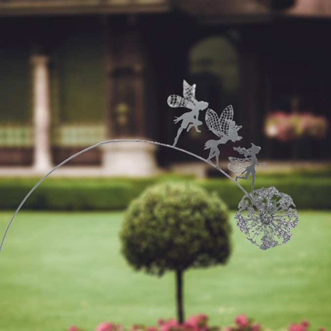Flower Fairy Dancing with Dandelion Garden Art Sculpture Stainless Steel Statue Christmas Halloween Decoration for Outdoor Yard Courtyard Lawn Patio Metal Ornaments (Three Persons)