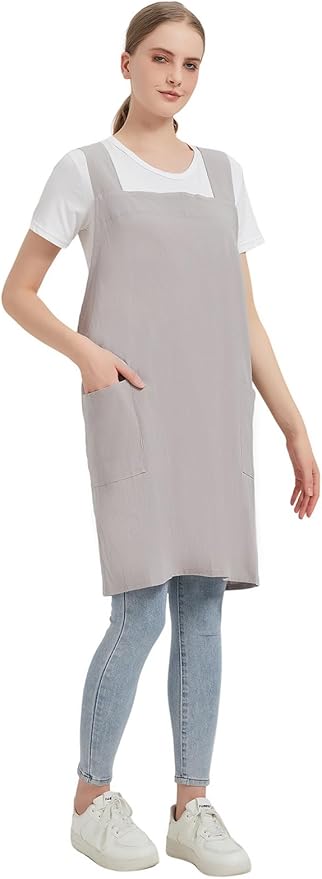 Cotton Linen Apron Cross Back Baking Cooking Gardening Apron for Women with Pockets Pinafore Dress
