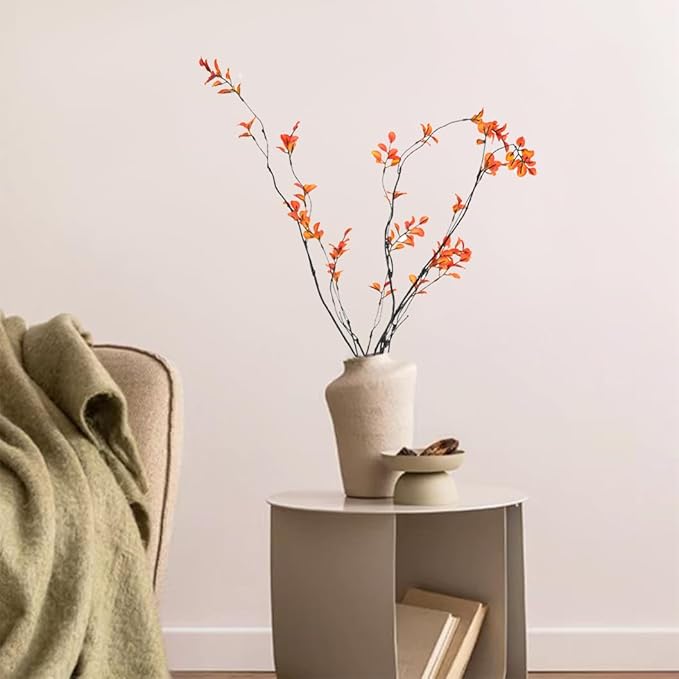 3pcs Artificial Ficus Branches Greenery for Vase, Faux Silky Eucalyptus Ficus Tree Twig Stems for Home, Office, Banquet Decor (Orange)