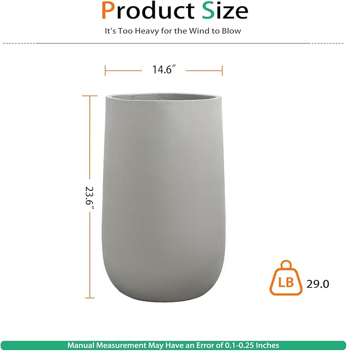 Concrete Tall Planter Outdoor Indoor, Large Cement Plant Pots for Trees Flowers (Gray, 24 inch)