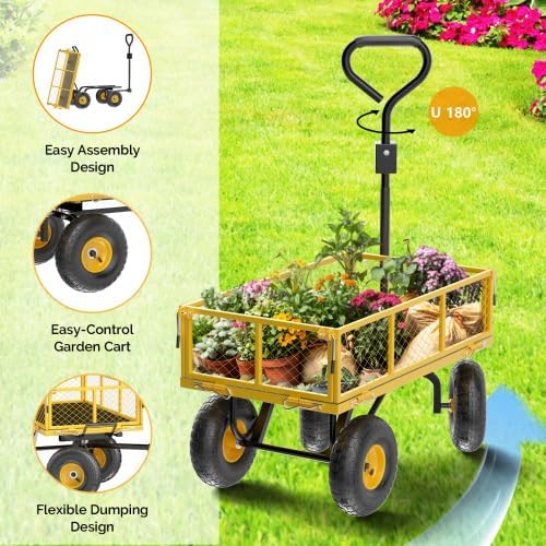 VINGLI Garden Carts and Wagons with 180° Rotating Handle and Detachable Iron Mesh, 440 LBS 880 LBS Heavy Duty Utility Carts Dump Cart for Garden, Lawn & Landscaping (Yellow, 440 lbs)