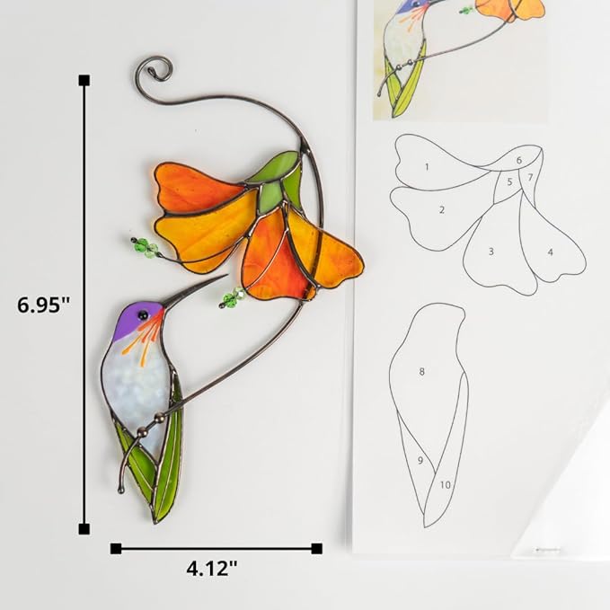 Multicolor Hummingbird Handmade Stained Glass Suncatcher Genuine Stained Glass Window Hangings Unique Indoor Ornament & Outdoor Decor (Hummingbird with Hibiscus)