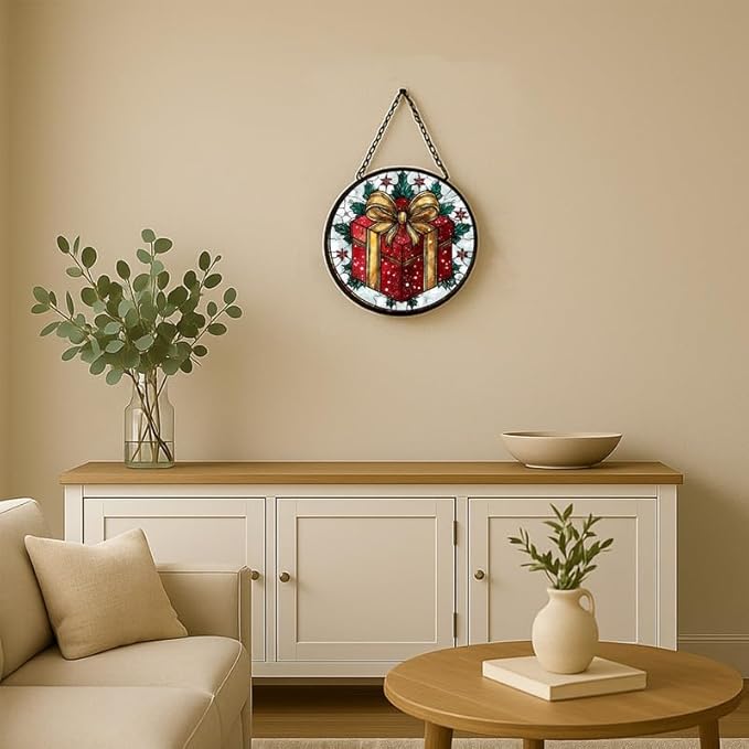 Stained Glass Window Hanging – 6.3 in Box Panel with Chain， Bathroom Front Door Living Room Garden Decor， Holiday Present Gift for Mom Wife Lovers