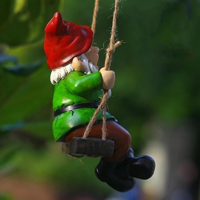 Garden Gnome Hanging Statue – Funny Swinging Dwarf Figurine,Hand-Painted Resin Outdoor Decor for Patio,Yard, Porch or Lawn,Great