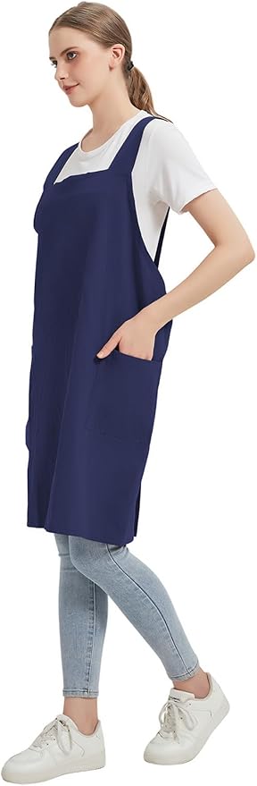Cotton Linen Apron Cross Back Baking Cooking Gardening Apron for Women with Pockets Pinafore Dress