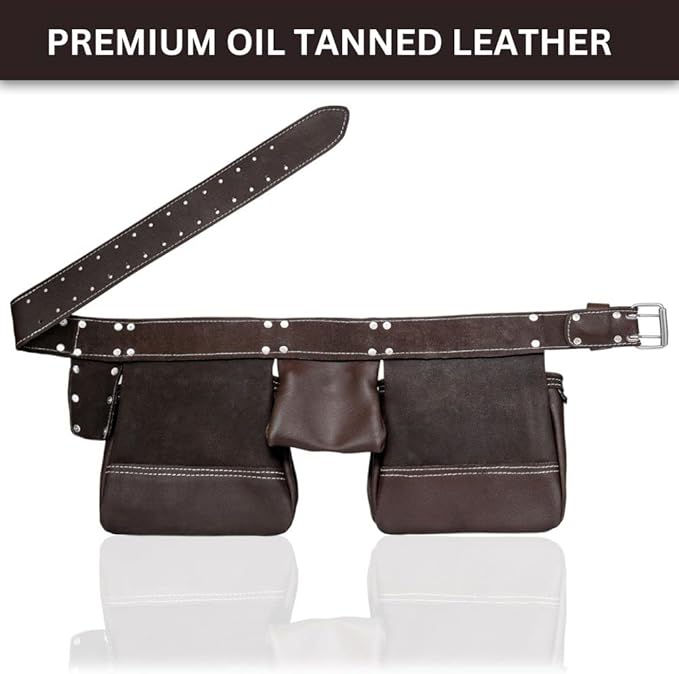 FUERI 11 Pocket Leather Tool Belt fot Men, Comess with Dual hammer holster Organizer for Carpenter, Construction, Electrician