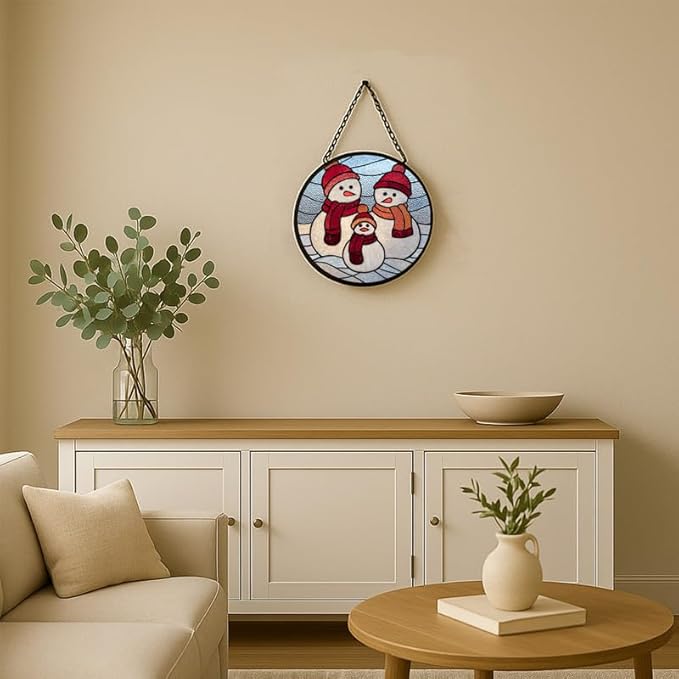 Stained Glass Window Hanging – 9.8 in Snowman Family Panel with Chain， Bathroom Front Door Living Room Garden Winter Holiday Decor， Gift for Mom Wife Lovers