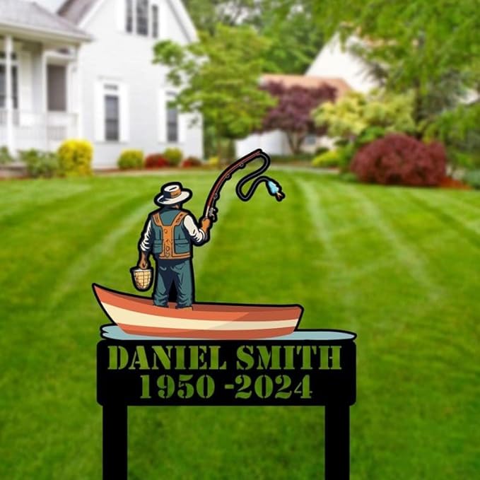 Custom Fishing Memorial Metal Stake – Personalized Fisherman Grave Marker, Yard Sign, Garden Stake, Outdoor Fishing Tribute (Fisherman Memorial)