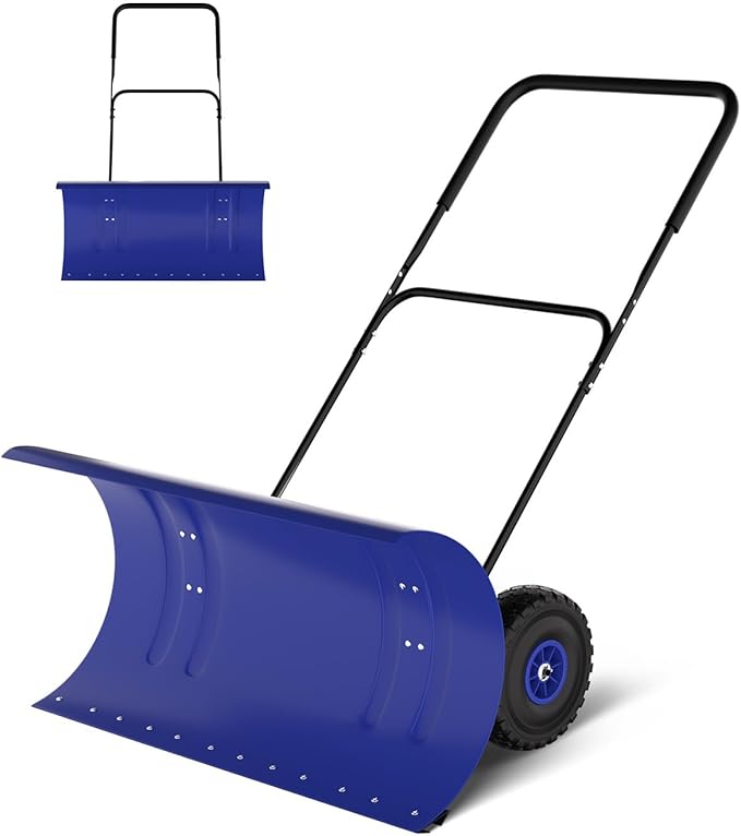 Snow Pusher with Wheels for Driveway, 36" Wide Heavy Duty Steel Blade, 2-Position Height Adjustment & 60° Tilt Handle, Ergonomic Push Snow Shovel with Ground Protection for Effortless Snow Removal