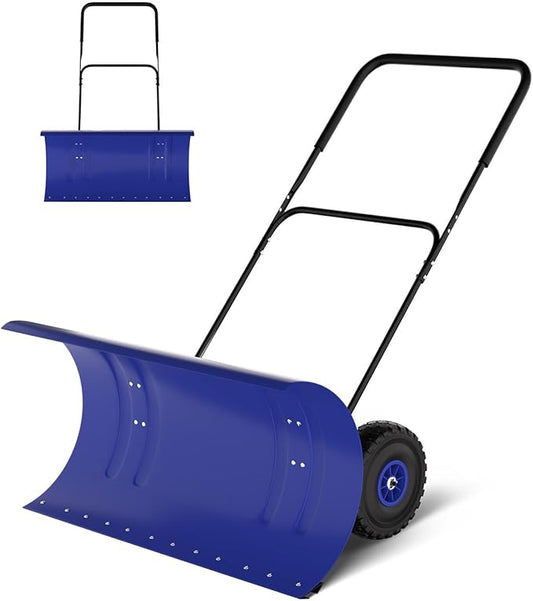 Snow Pusher with Wheels for Driveway, 29.5" Wide Heavy Duty Steel Blade, 2-Position Height Adjustment & 60° Tilt Handle, Ergonomic Push Snow Shovel with Ground Protection for Effortless Snow Removal