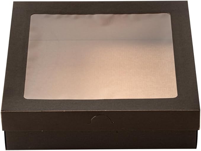 Restaurantware Cater Tek 9 x 9 x 2.4 Inch Baked Goods Boxes 10 Greaseproof Pastry Boxes - Window Lids Insert Tab Lock Black Paper Catering Boxes Easy Assembly For Charcuterie Or Cupcakes