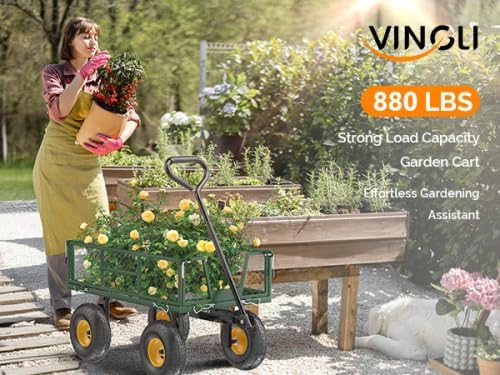 VINGLI Garden Carts and Wagons with 180° Rotating Handle and Detachable Iron Mesh, 440 LBS 880 LBS Heavy Duty Utility Carts Dump Cart for Garden, Lawn & Landscaping (Green, 880 lbs)