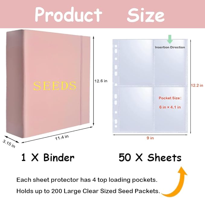 Extra Large Seed Storage Organizer Binder with 200 Clear Pockets(50 Pack Sheet Sleeves), 3 Ring Seed Packet Organizer, D-Ring Garden Seed Holder Book for Seed Envelopes Card, Plant Saver Flower Keeper