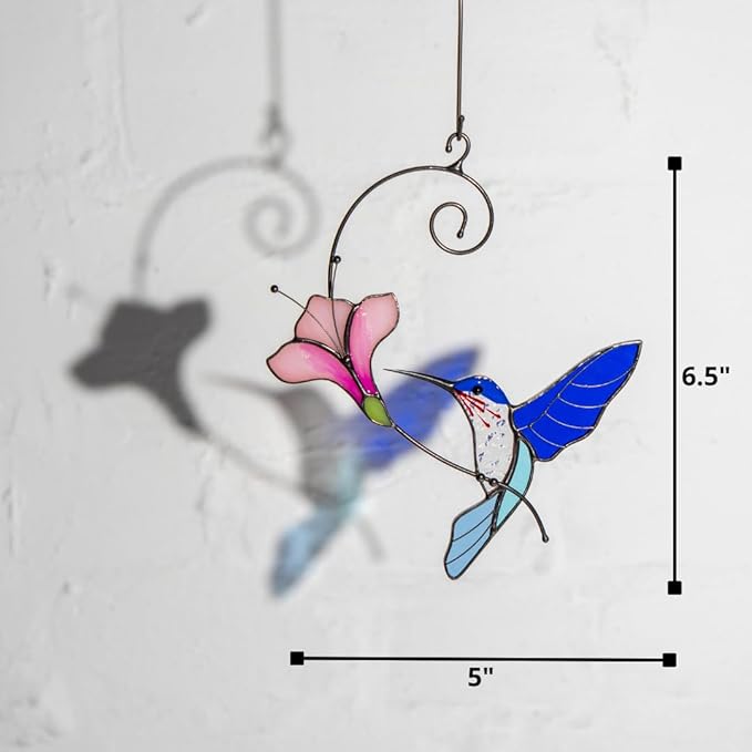 Multicolor Hummingbird Handmade Stained Glass Suncatcher Genuine Stained Glass Window Hangings Unique Indoor Ornament & Outdoor Decor (Blue Hummingbird)