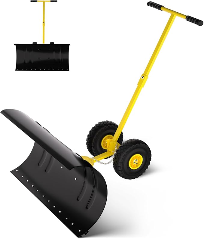 Snow Pusher with Wheels for Driveway, 29.5" Wide Heavy Duty Steel Blade, 5-Position Angle Adjustment & 60° Tilt Handle, Ergonomic Push Snow Shovel with Ground Protection for Effortless Snow Removal