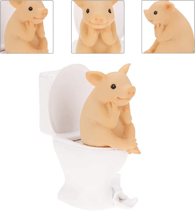 Pig Statue Mini Pig Figurine, Resin Home Decor, Lucky Animal Garden Statue for Micro Landscape (Pig Squatting on The Toilet)