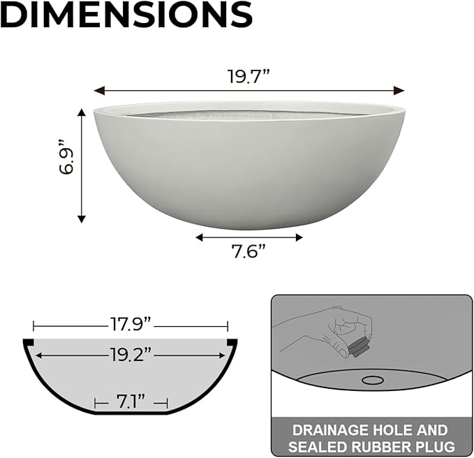 6.9"H x 19.7"D Round Bowl Fiberstone Planter for Succulent and Lotus - Christmas Tree Planter, Weather Resistant for Indoor & Outdoor Use, 2 Extra Coco Mats (Light Gray, 17.9" Pot Opening)