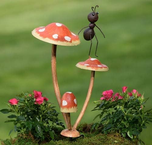 Zaer Ltd. Metal Ants on Mushrooms Short Garden/Pot Stake (1 Ant, Standing High)