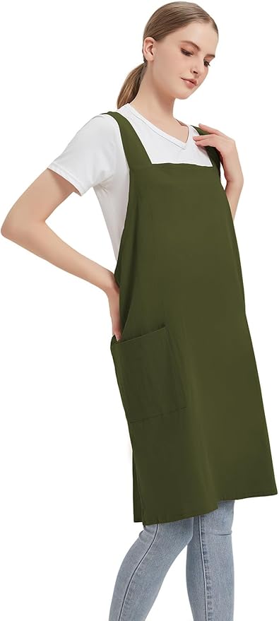 Cotton Linen Apron Cross Back Baking Cooking Gardening Apron for Women with Pockets Pinafore Dress