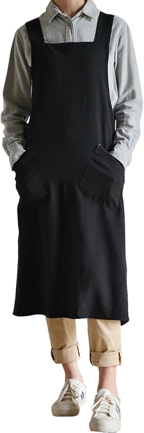 Cotton Linen Apron Cross Back Japanese Smock for Women Cooking With Pockets Pinafore Dress Kitchen Baking Gardening